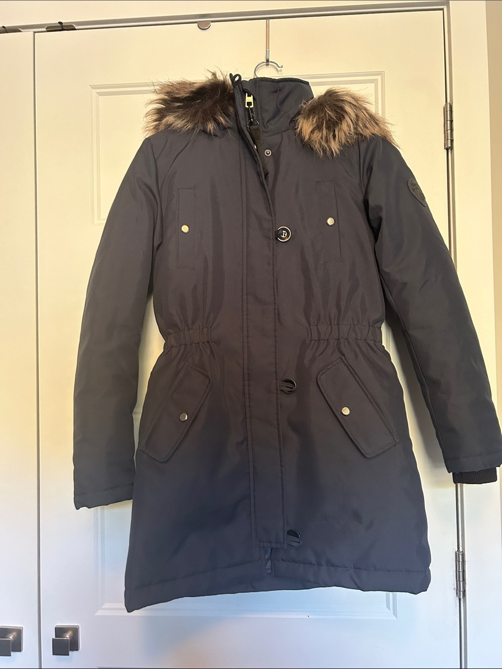 Only navy Hooded Puffer Coat with Faux Fur Trim